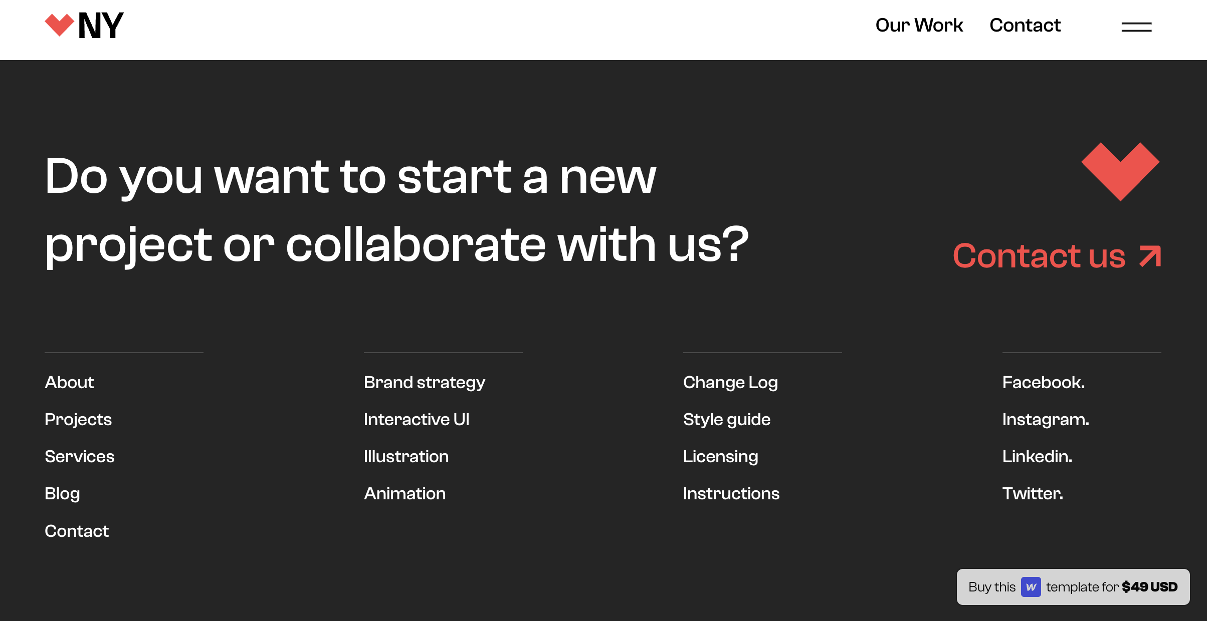 The new york webflow agency tempate footer section showing a call to action above saying "Do you want to start a new project or collaborate with us?"
