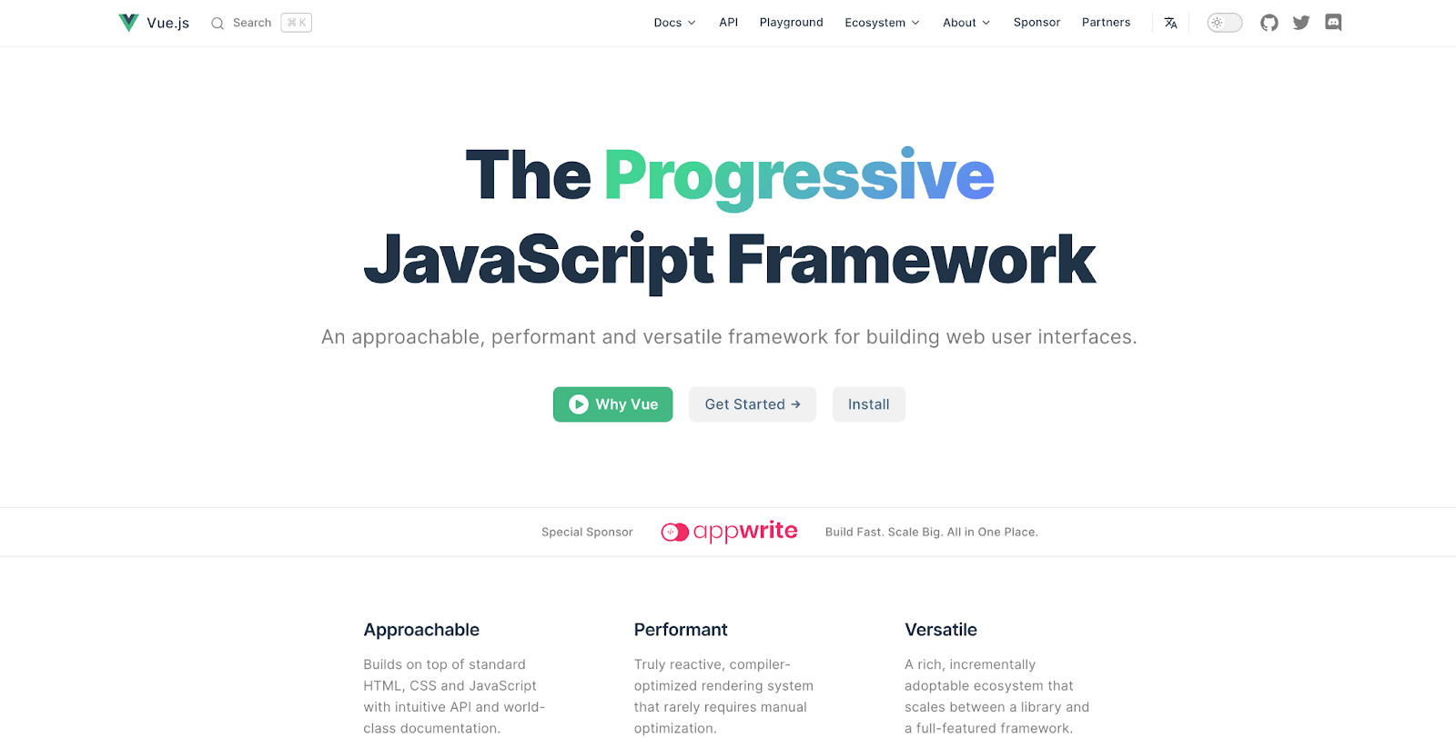 Vue.js homepage screenshot "The progressive JavaScript Framework"