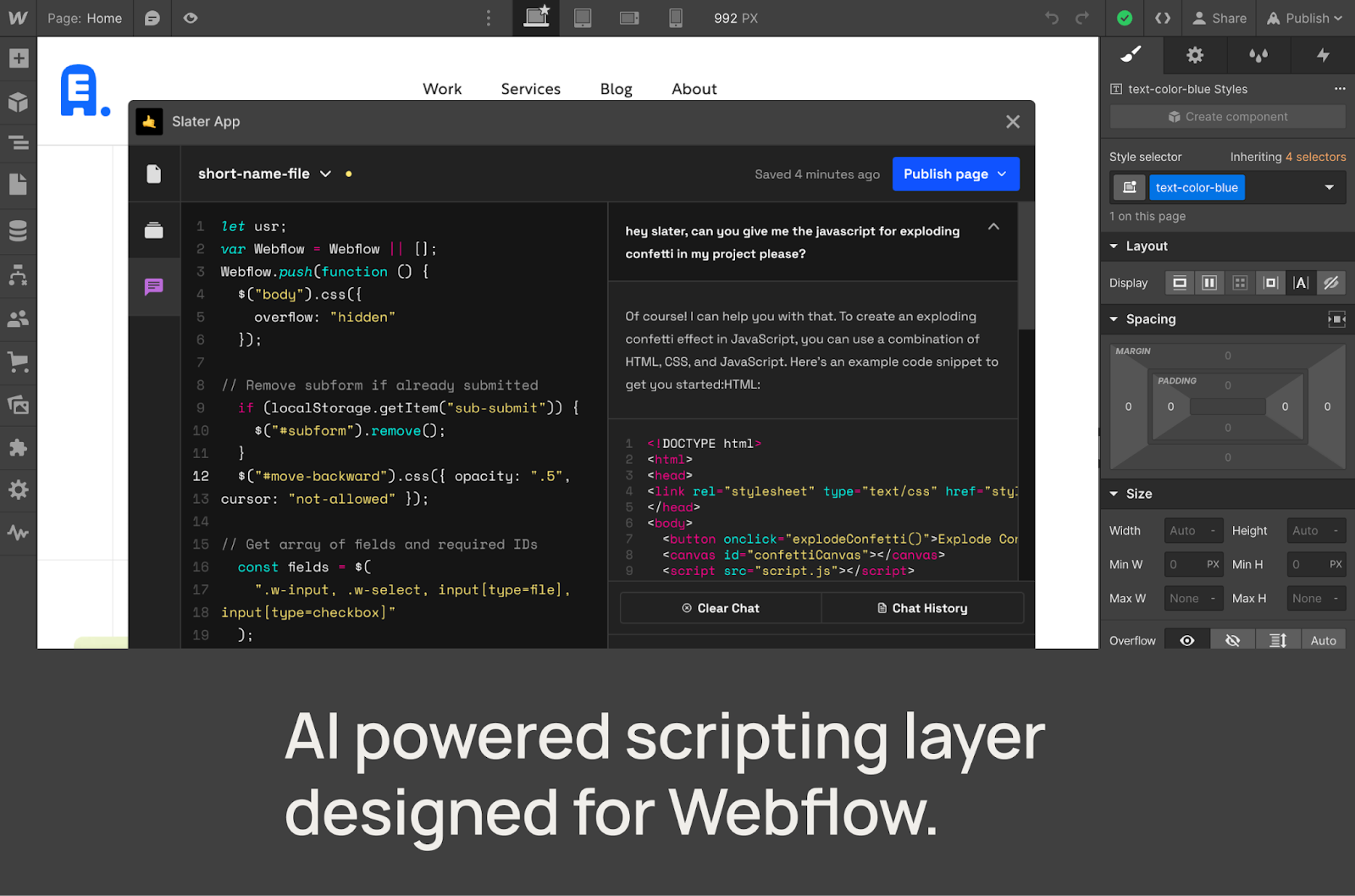 A preview of the Slated Webflow App - an AI powered scripting layer designed for Webflow