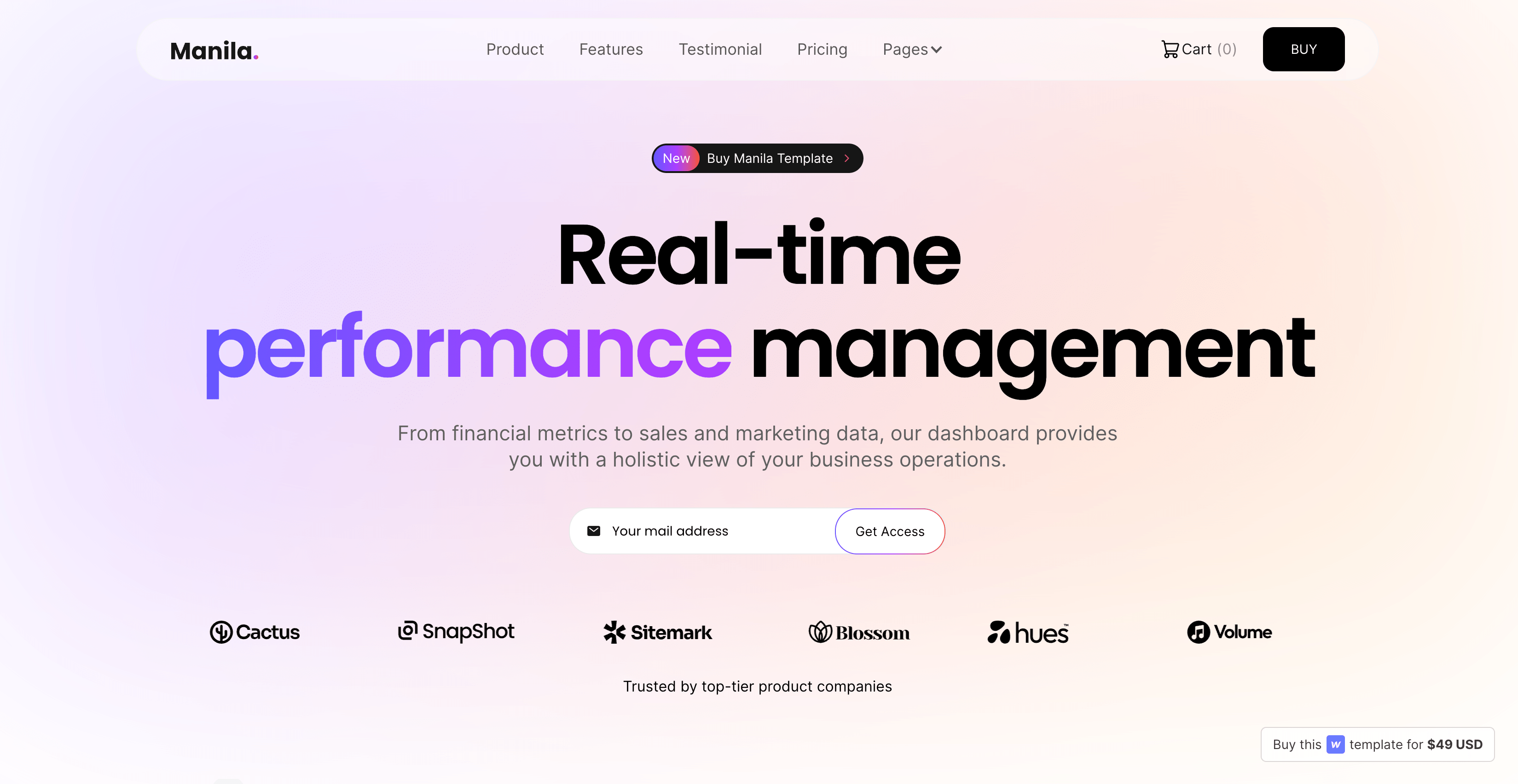 Manila webflow saas one page template - a screenshot of the hero section