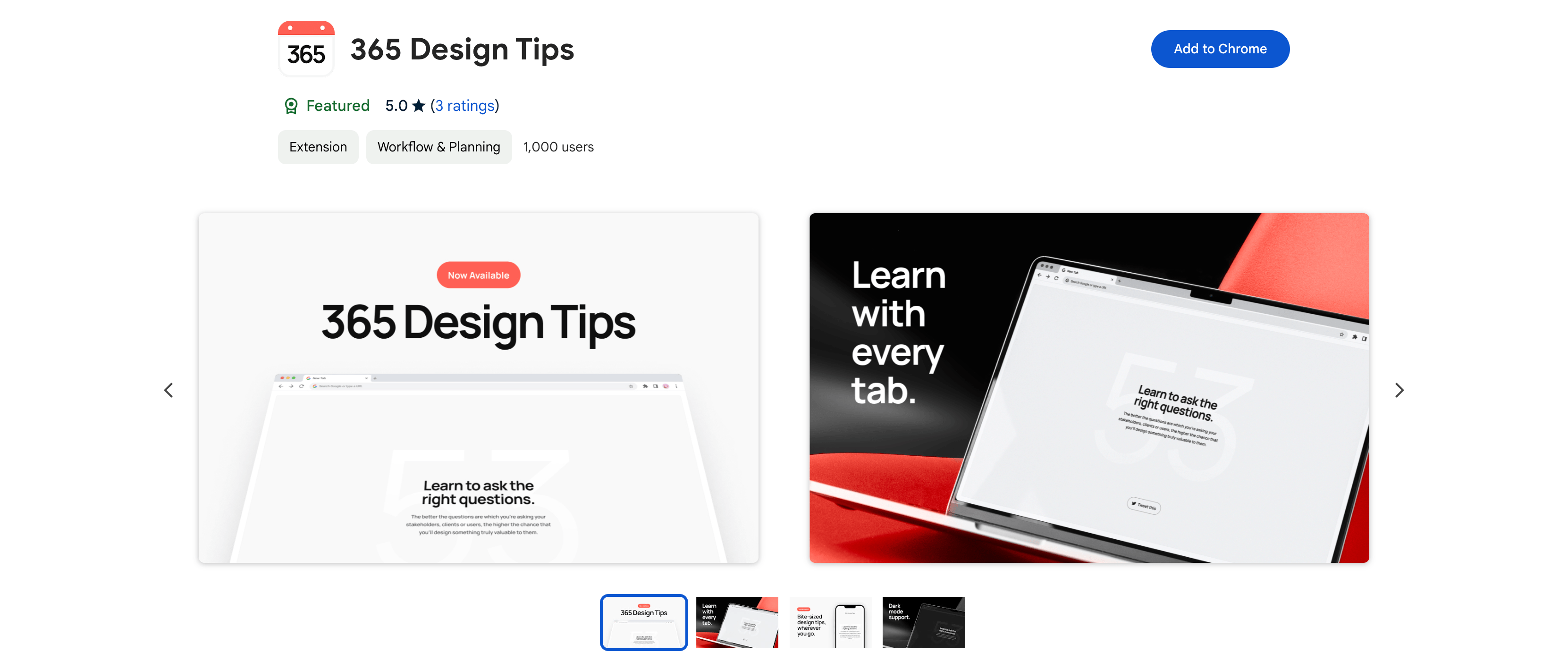 A screenshot of the 365 Design Tips from the chrom Web store extension's library