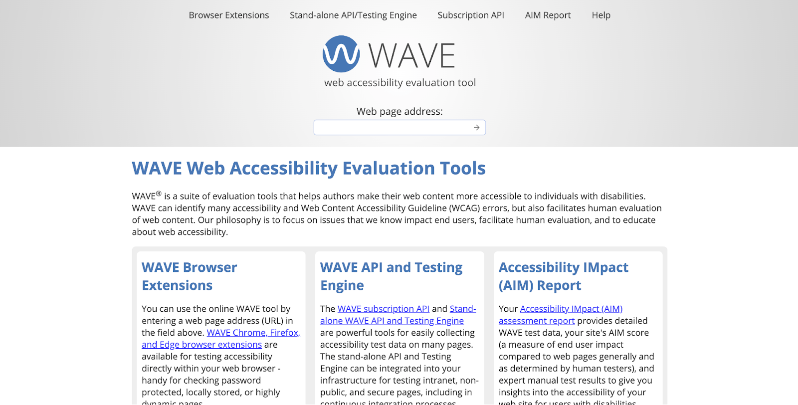 WAVE's homepage screenshot with a web page address bar in the middle