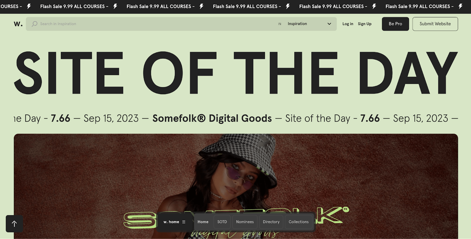 The Awwwards homepage showing in capital letters the text "SITE OF THE DAY" and below it a feature site