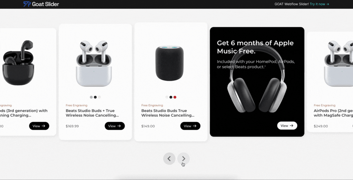 A gif preview of the Apple cards slider demo, showing a bunch of apple products on slide as a showcase
