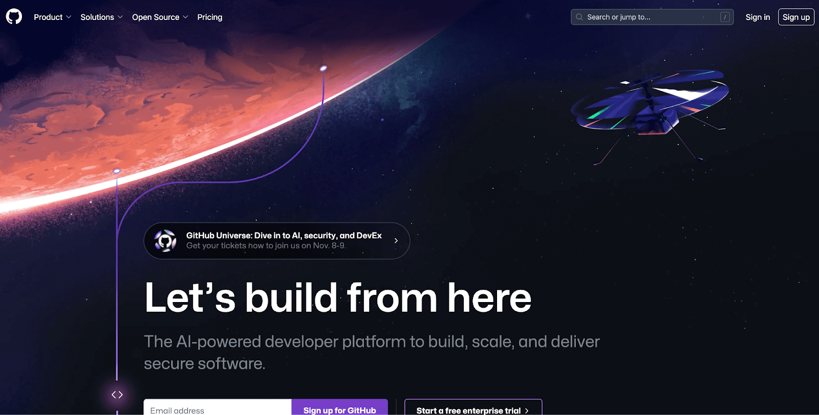 GitHub's homepage view showing an image of space and below highlighted Let's build from here"
