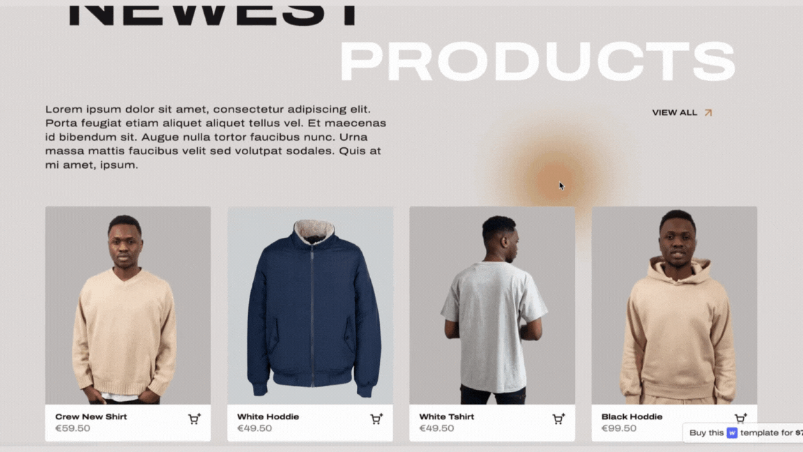 A gif preview of interactions on Milano Boutique Webflow ecommerce template