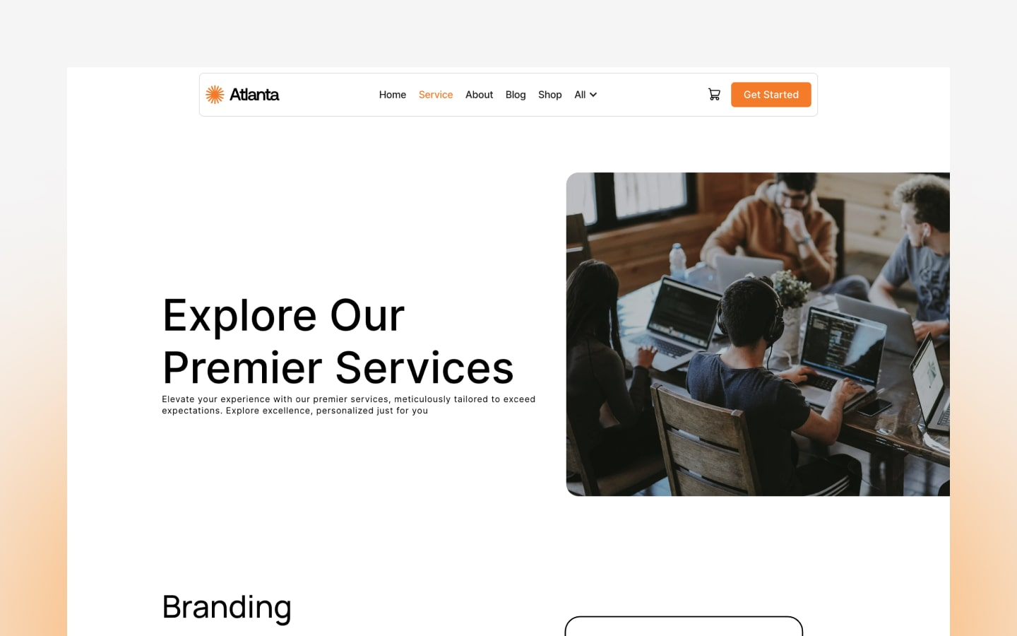Atlanta Webflow Agency template showcasing the Services page, with a bold title saying Explore our Premier Services