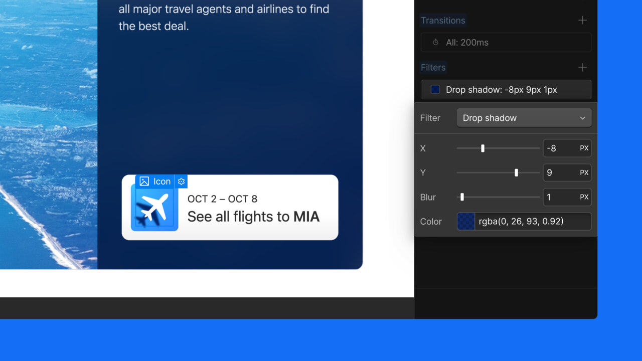 An image of an airplane drop shadow feature as an example with customization settings on the right for blur, color, etc.