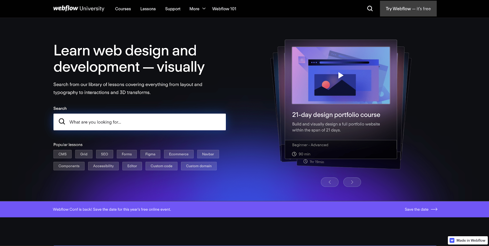 Webflow University's homepage screenshot showing a search bar and text saying " Learn web design and development - viusally