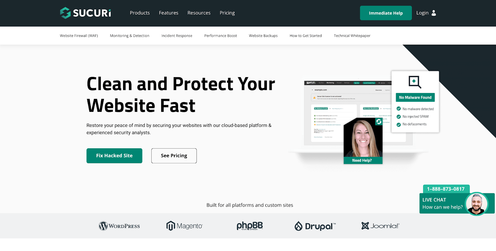 Sucuri's homepage screenshot showing a "clean and protect your website fast" text in the hero section