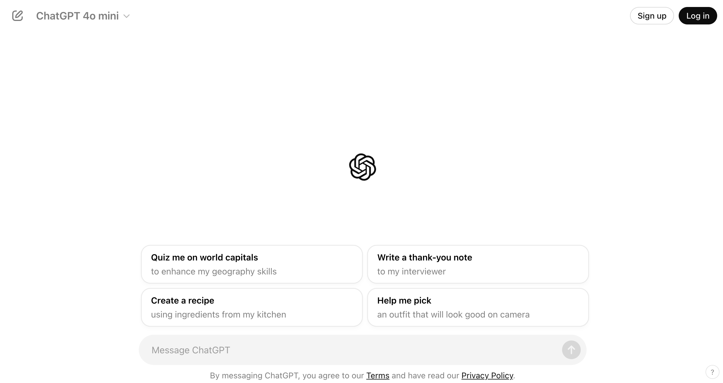 The chat gpt website showing the search bar and gpt logo with some search recommendations below