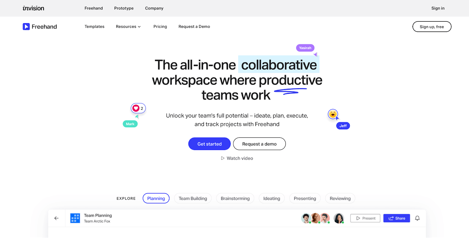 InVision Freehand homepage view, a white background with text in the middle saying "all-in-one collaborative workspace"
