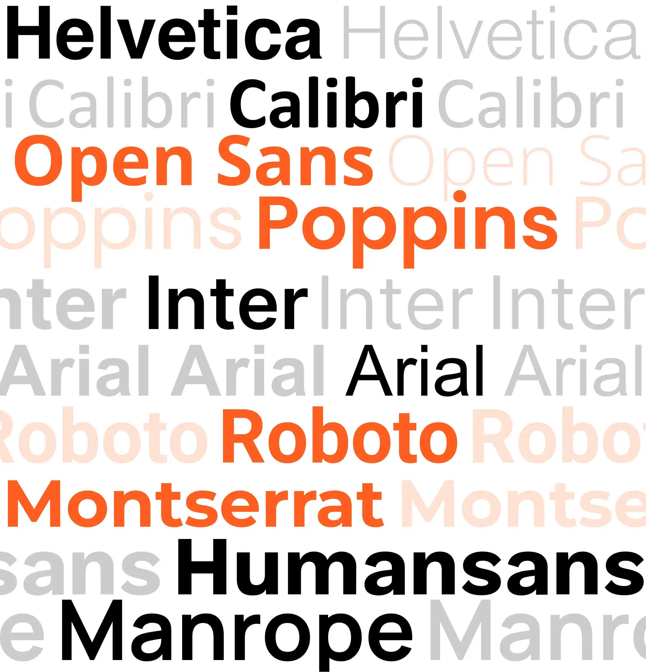A showcase of the best 10 sans serif fonts including Helvetica, Calibri, Open Sans, Poppins, Inter, etc,. all of them showcased in one place with different colors