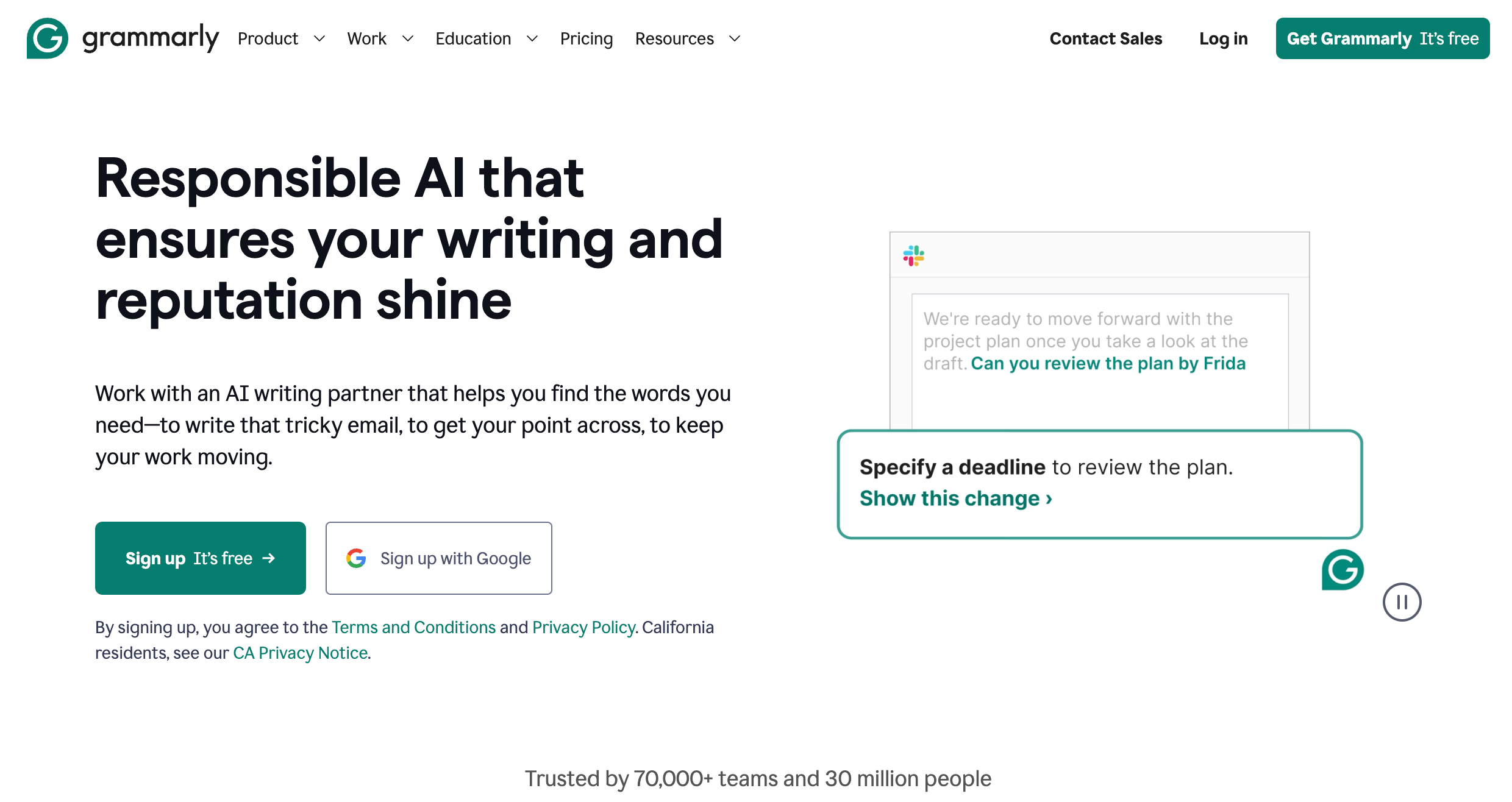 Grammarly homepage featuring the green Grammarly logo and navigation links.