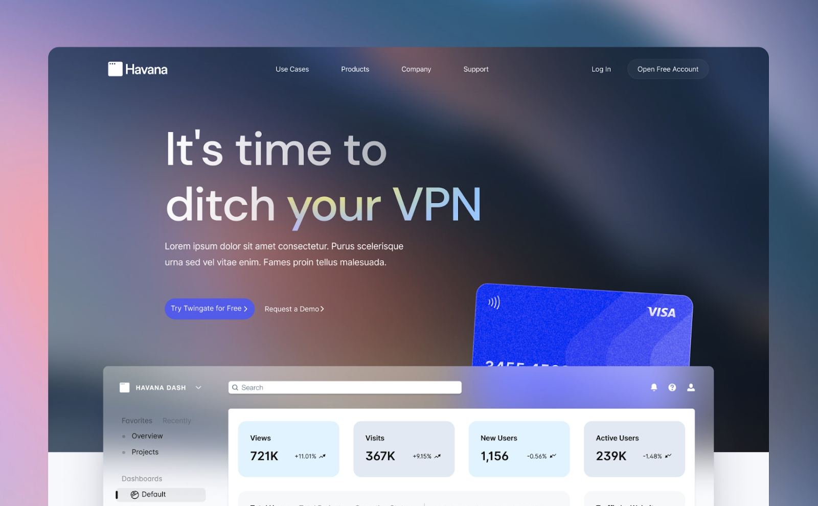 'It's time to ditch your VPN' message is displayed on the hero section of Havana SaaS one pager Webflow template