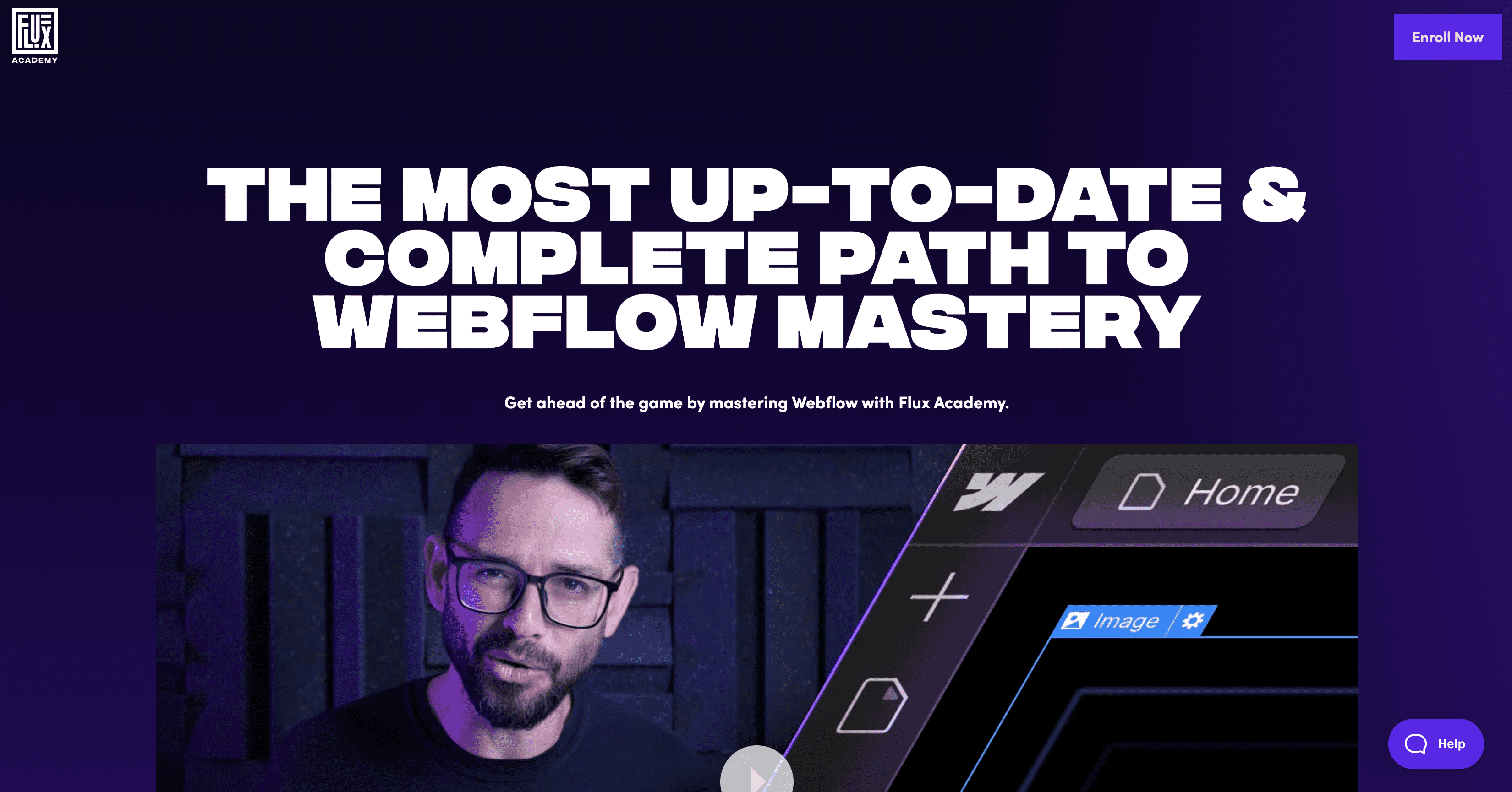 The Webflow masterclass course homepage of the Flux Academy, showing a picture of Ran Segall and description about their course