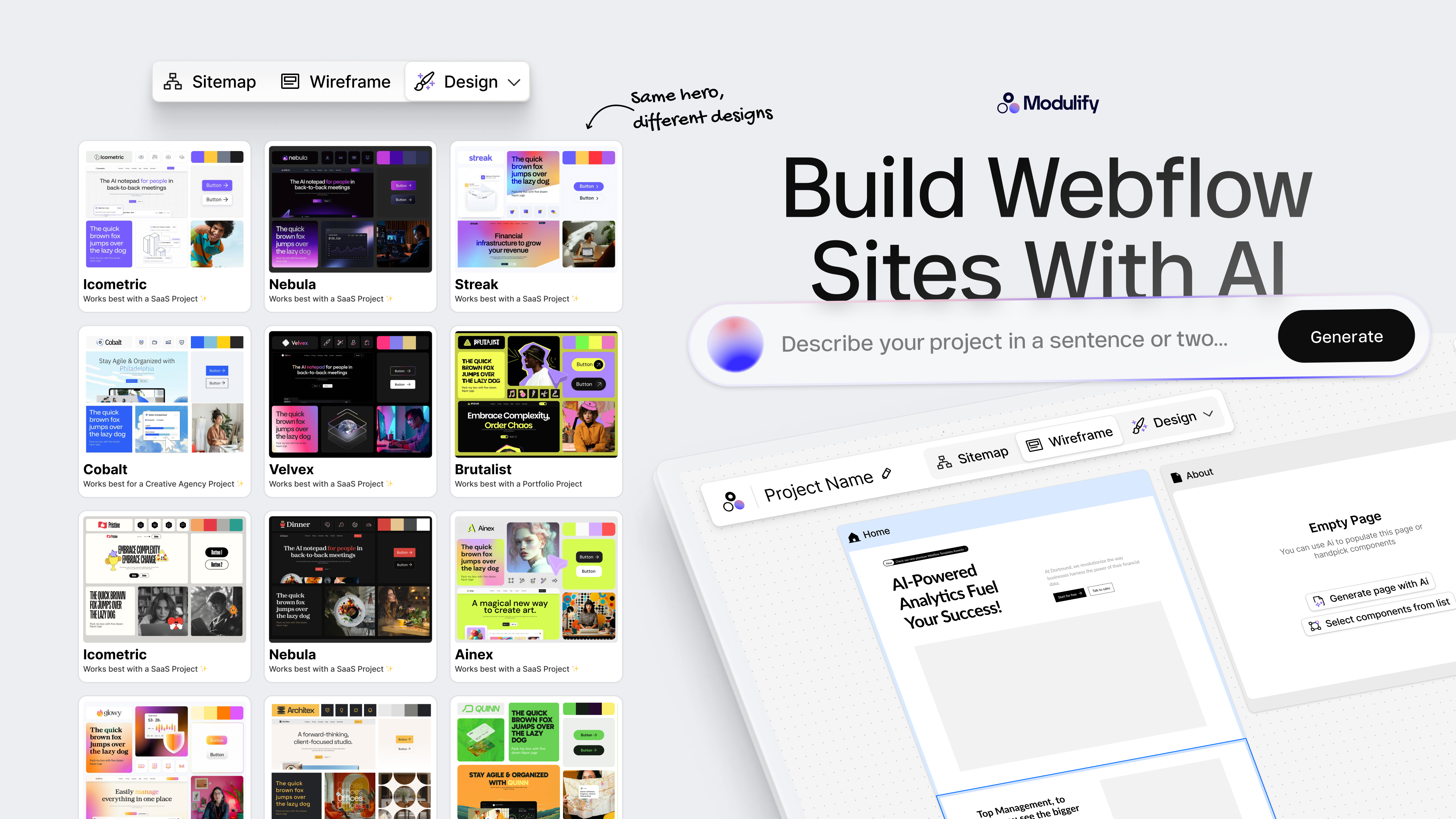 Modulify - an AI tool that helps you build sitempas, wireframes and complete Webflow sites in minutes