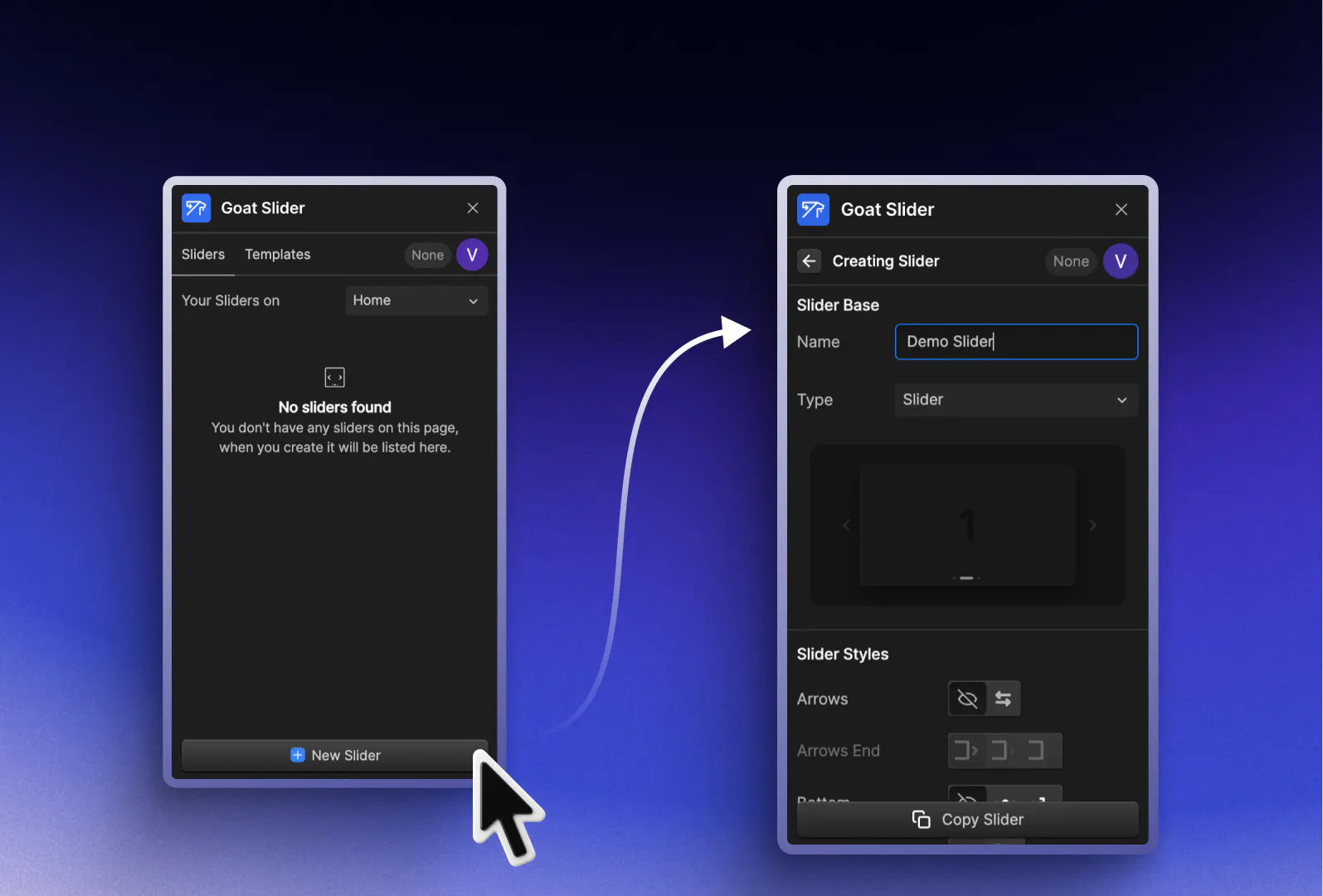 Goat Slider app preview showing slider creation steps