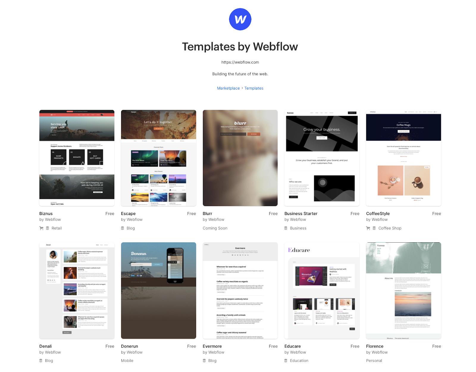 A screenshot of the free Webflow template section. Free Templates of different categories made by Webflow themselves