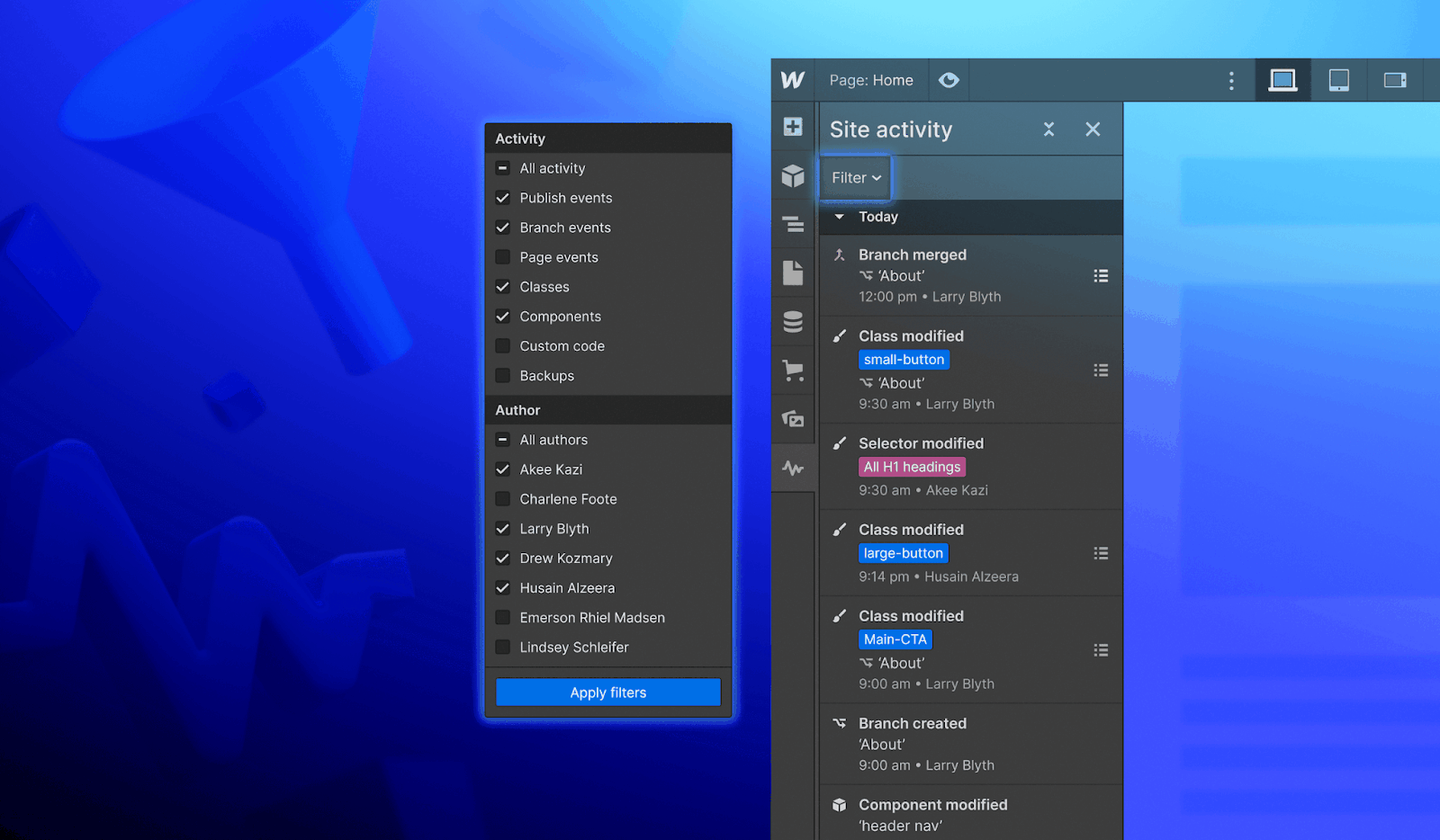 An image showing how to quickly find what your looking for through filters in activity log in Webflow