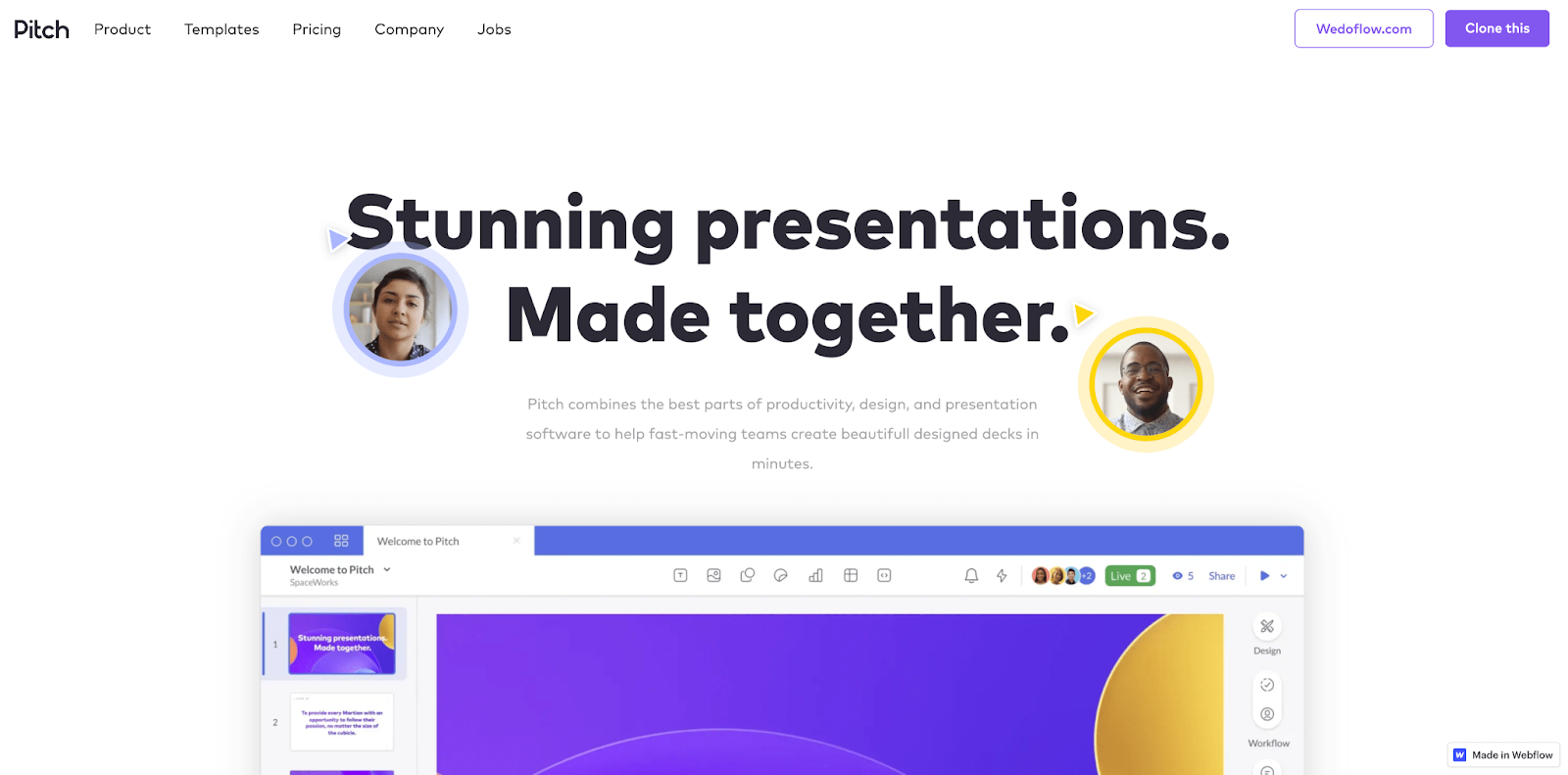 A screenshot of the pitch.com homepage in a cloneable site