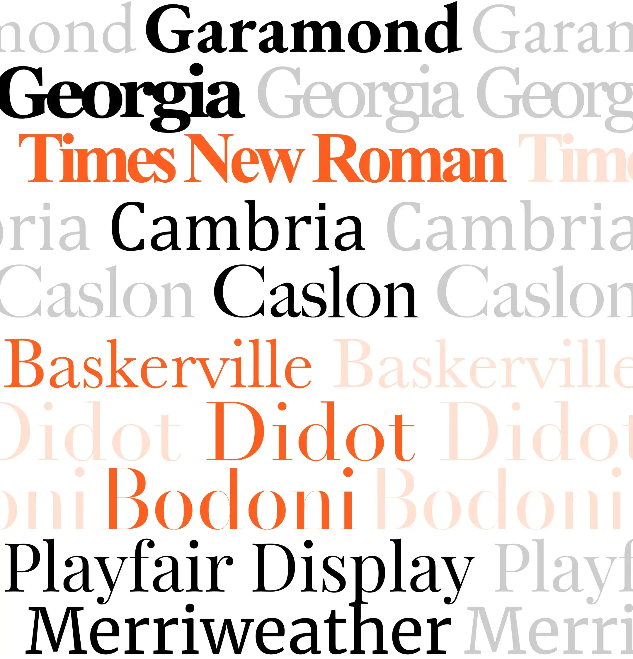 A showcase of the best 10 serif fonts including Garamond, Georgia, Times New Roman, Cambria, etc.,  all of them in one place in different colors