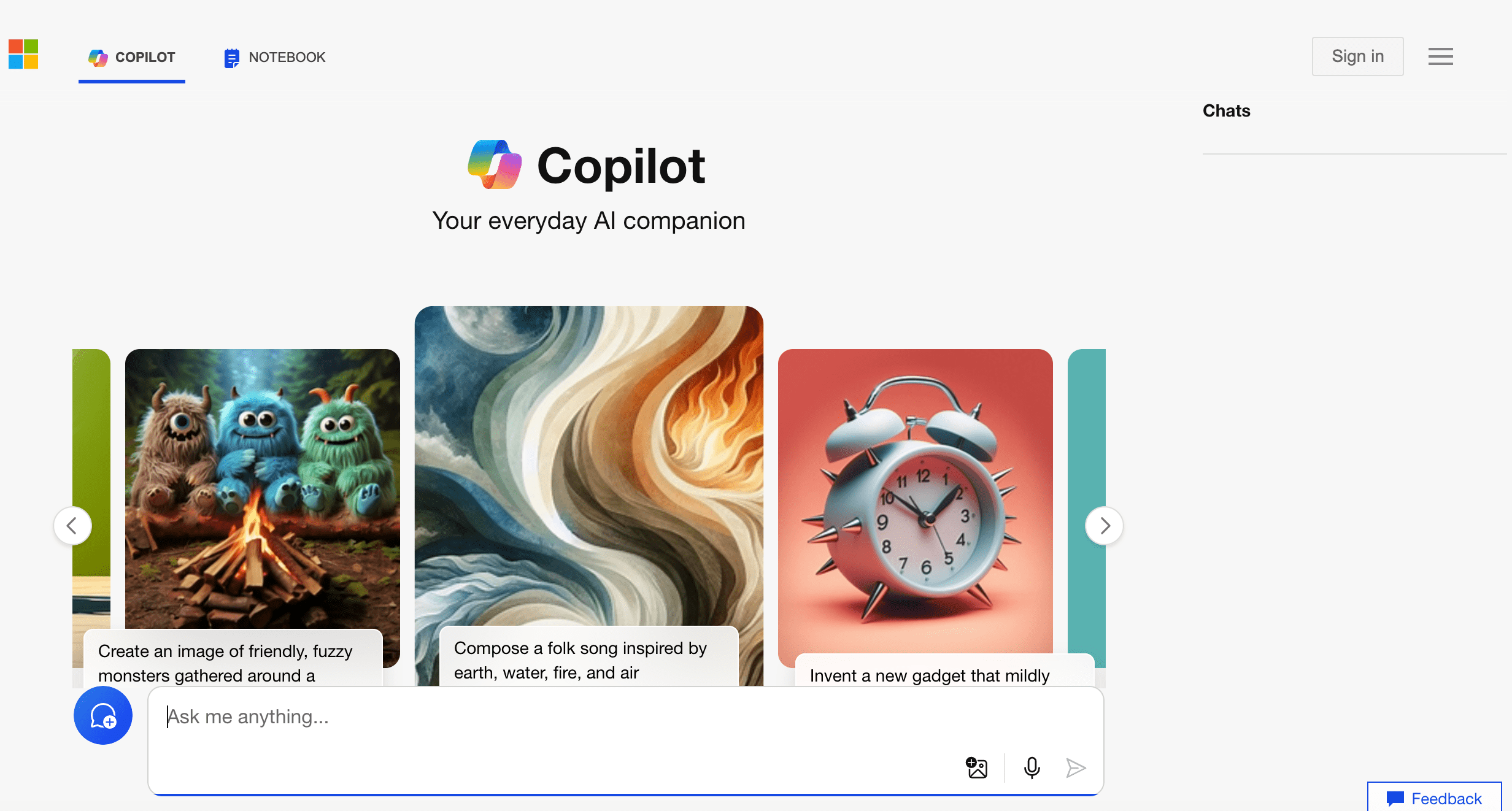 A screenshot of the Microsoft Copilot interface. The page features a blue header with the Copilot logo and options to access Chats, Notebook, and sign in.