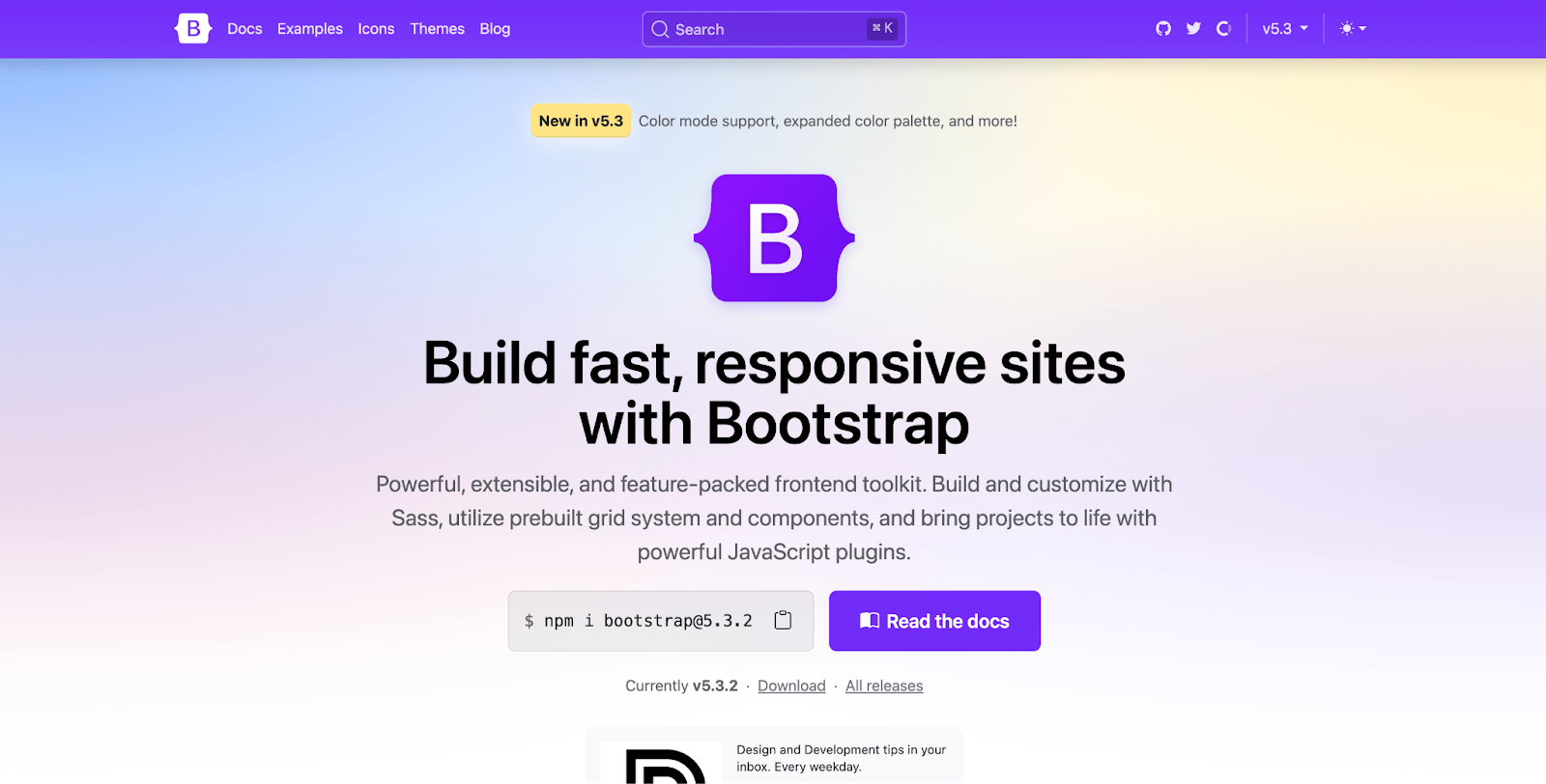 Bootstrap's homepage screenshot. "Build fast, responsive sites with Bootstrap" text in the hero section.