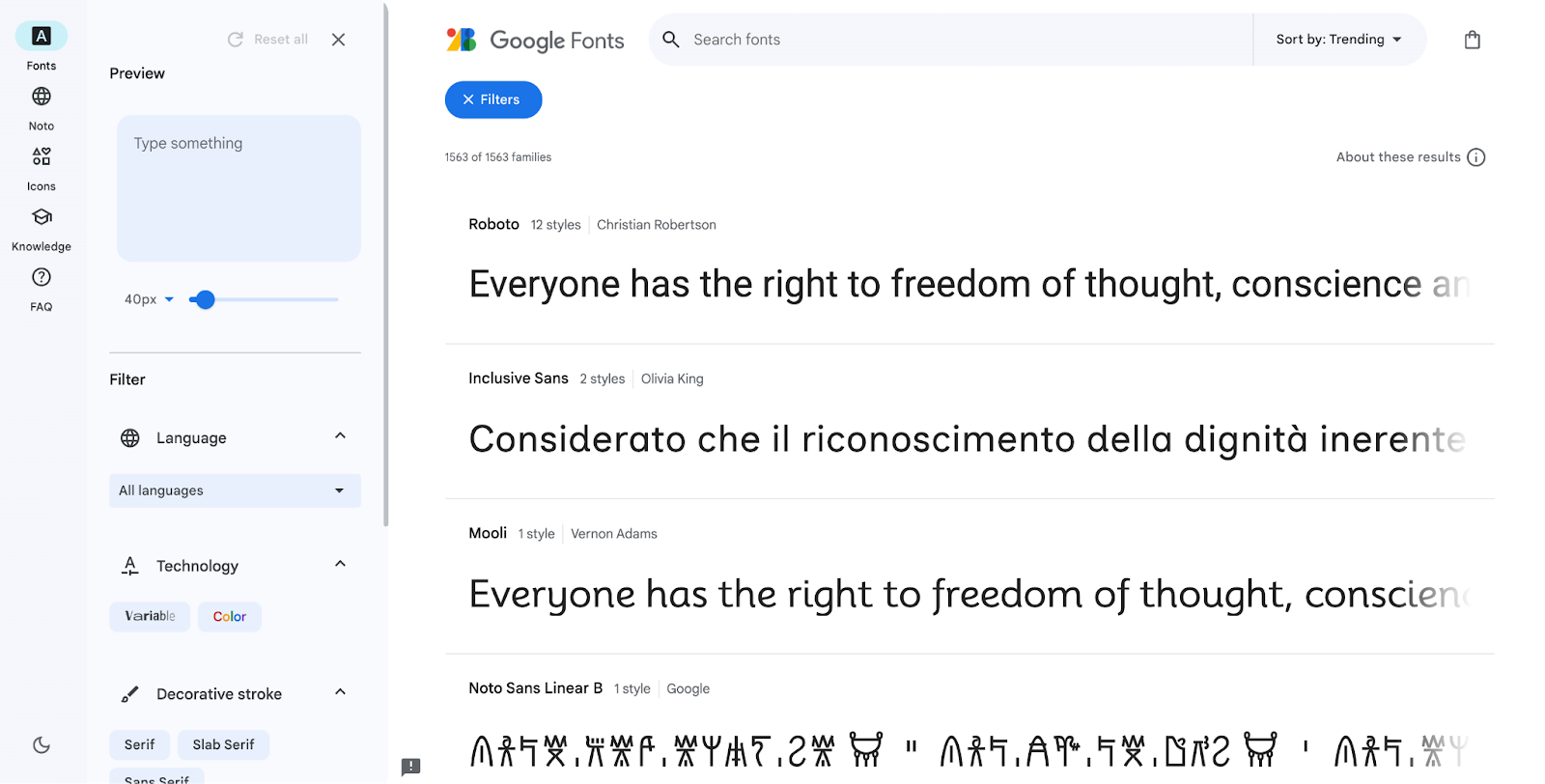 A screenshot of Google Font's homepage showing a search bar and below it different text with different fonts