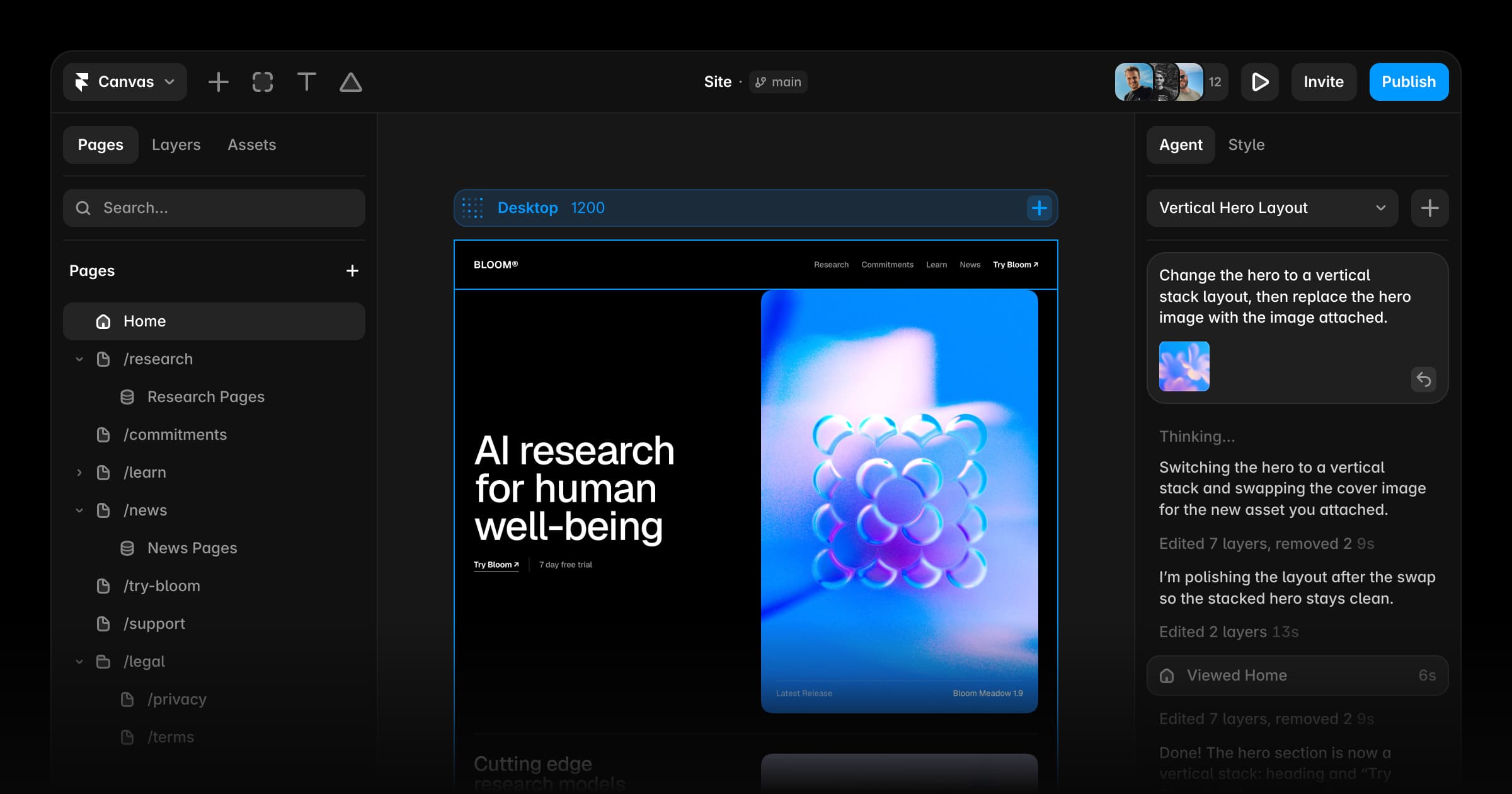 Framer AI website builder — the AI Agent drafting a page on the Framer canvas